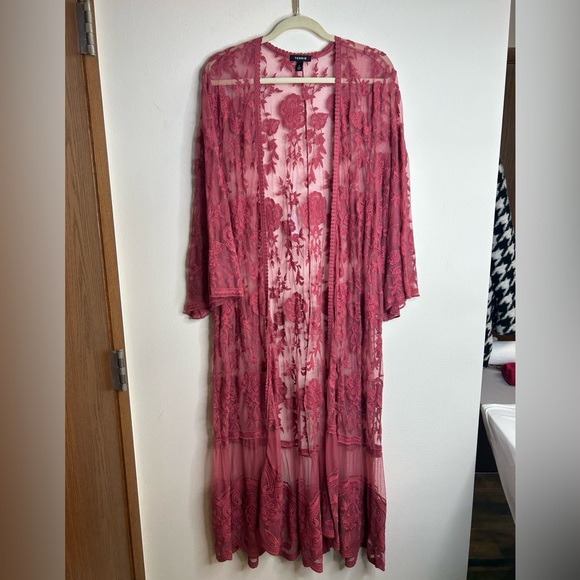 Torrid 2X Floral Lace Robe Deep Pink cotton blend duster maxi plus size boho EUC - Picture 2 of 8